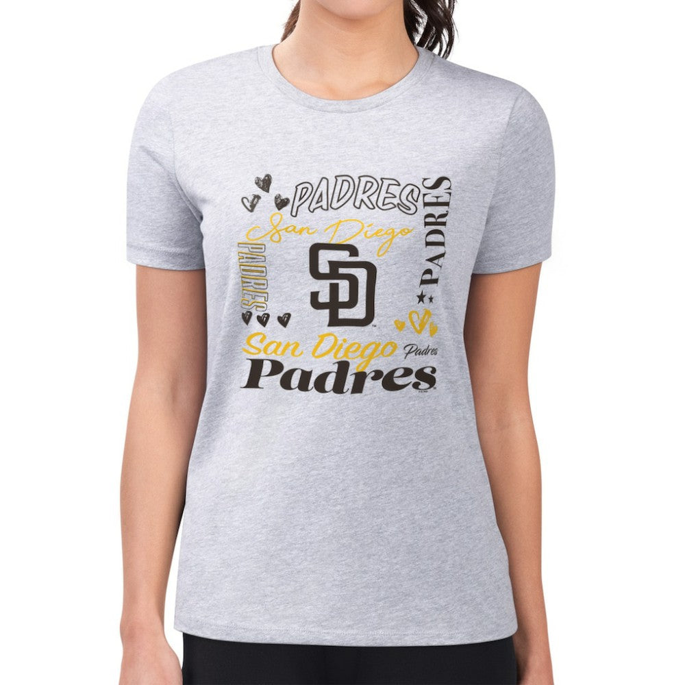 San Diego Padres G-III 4Her by Carl Banks Women's Super-Slim Fit Lightweight Collage Team Graphic Crew Neck T-Shirt - Heather Gray - MLB Sale