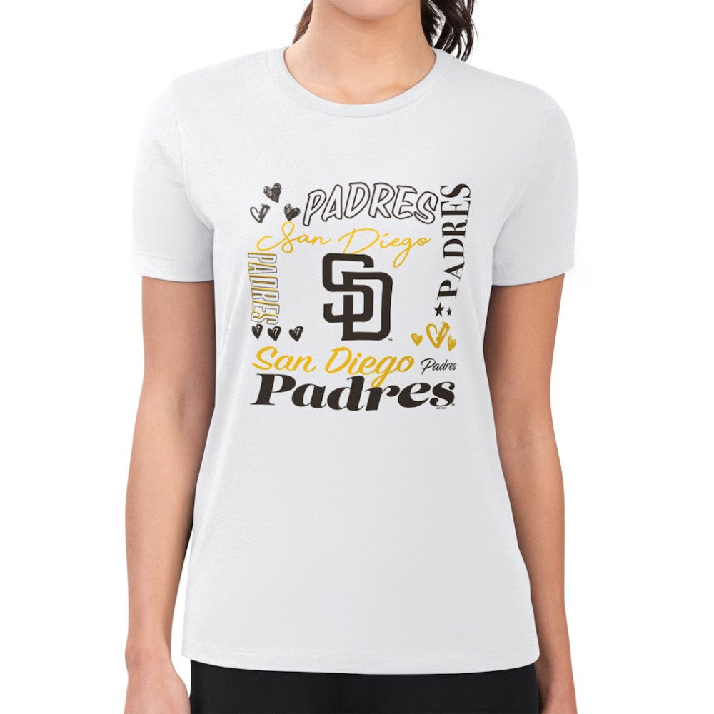 San Diego Padres G-III 4Her by Carl Banks Women's Super-Slim Fit Lightweight Collage Team Graphic Crew Neck T-Shirt - White - MLB Online