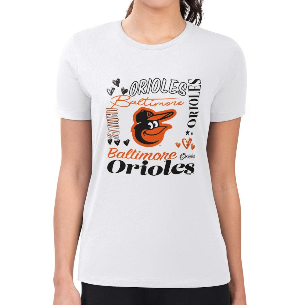 Baltimore Orioles G-III 4Her by Carl Banks Women's Super-Slim Fit Lightweight Collage Team Graphic Crew Neck T-Shirt - White - MLB Sale