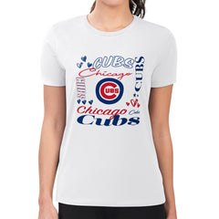 Chicago Cubs G-III 4Her by Carl Banks Women's Super-Slim Fit Lightweight Collage Team Graphic Crew Neck T-Shirt - White - MLB Sale