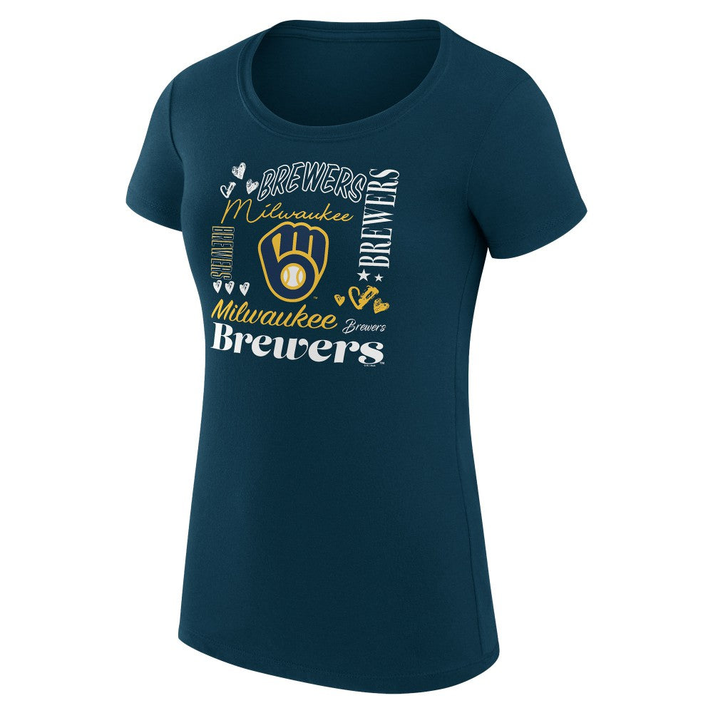 Milwaukee Brewers G-III 4Her by Carl Banks Women's Super-Slim Fit Lightweight Collage Team Graphic Crew Neck T-Shirt - Navy - MLB Lifestyle