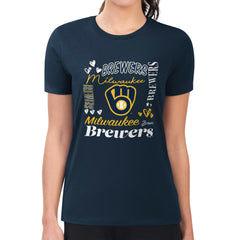 Milwaukee Brewers G-III 4Her by Carl Banks Women's Super-Slim Fit Lightweight Collage Team Graphic Crew Neck T-Shirt - Navy - MLB Lifestyle