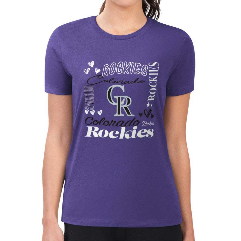 Colorado Rockies G-III 4Her by Carl Banks Women's Super-Slim Fit Lightweight Collage Team Graphic Crew Neck T-Shirt - Purple - MLB Sale