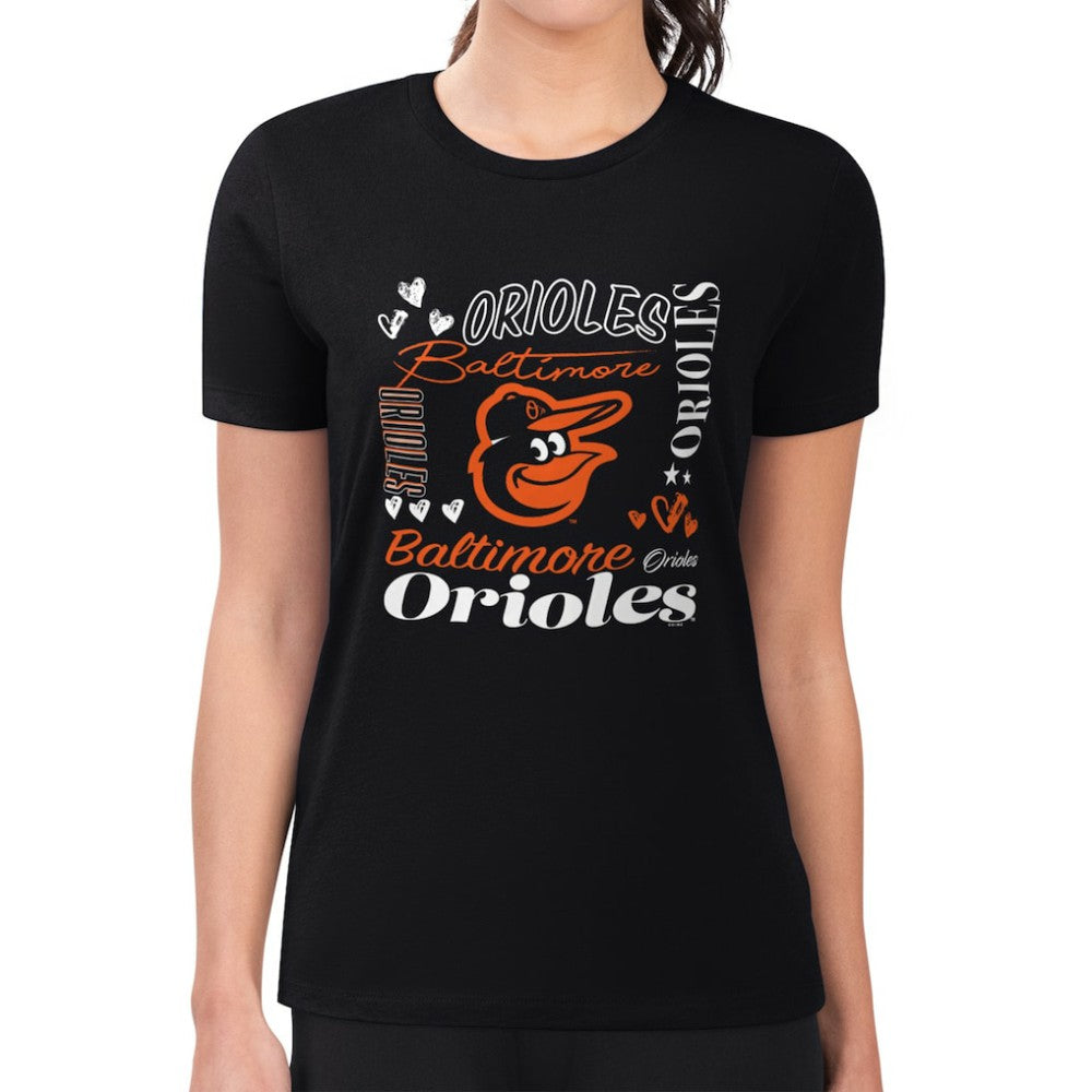 Baltimore Orioles G-III 4Her by Carl Banks Women's Super-Slim Fit Lightweight Collage Team Graphic Crew Neck T-Shirt - Black - MLB on Sale