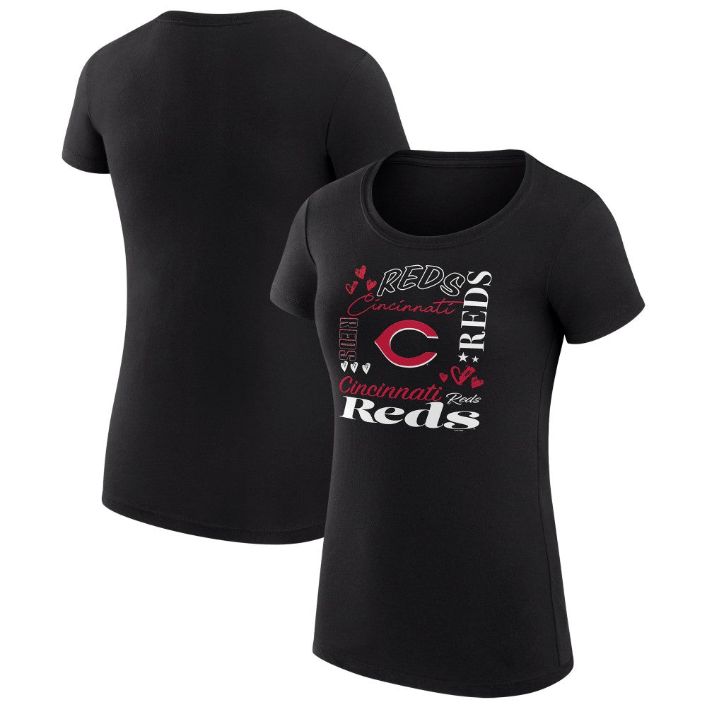 Cincinnati Reds G-III 4Her by Carl Banks Women's Super-Slim Fit Lightweight Collage Team Graphic Crew Neck T-Shirt - Black - MLB Lifestyle