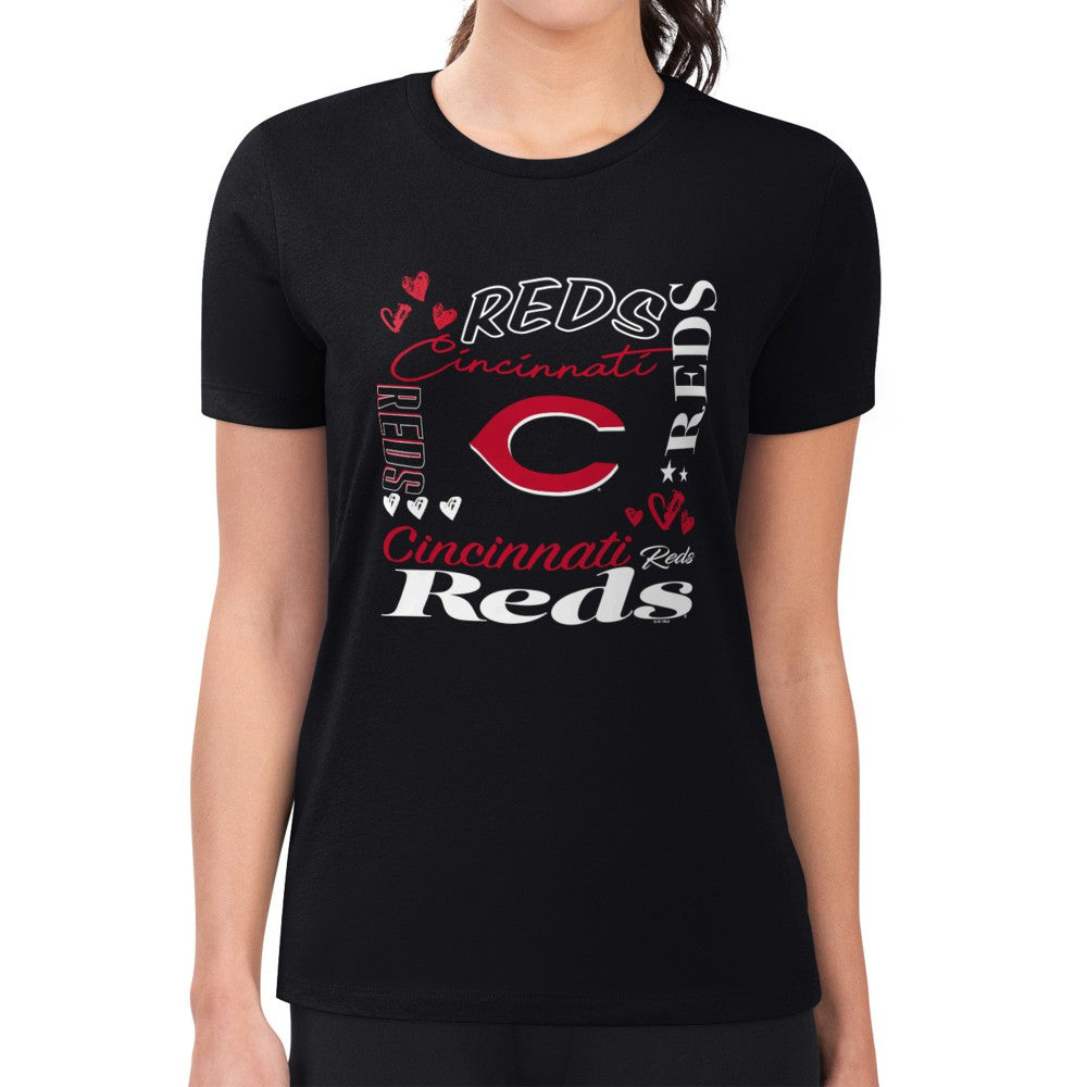Cincinnati Reds G-III 4Her by Carl Banks Women's Super-Slim Fit Lightweight Collage Team Graphic Crew Neck T-Shirt - Black - MLB Lifestyle