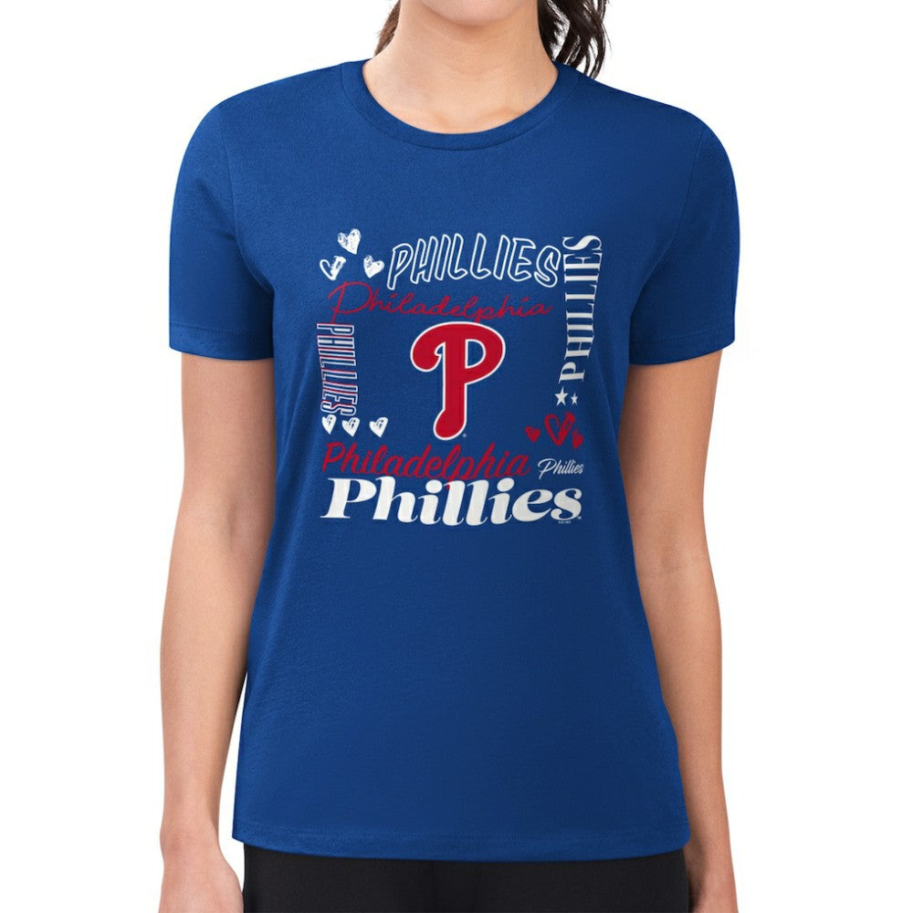 Philadelphia Phillies G-III 4Her by Carl Banks Women's Super-Slim Fit Lightweight Collage Team Graphic Crew Neck T-Shirt - Royal - MLB Lifestyle