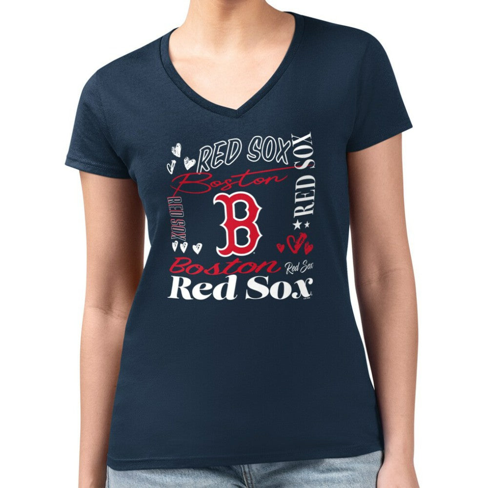 Boston Red Sox G-III 4Her by Carl Banks Women's Super-Slim Fit Lightweight Collage Team Graphic V-Neck T-Shirt - Navy - MLB Sale