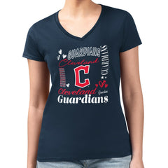 Cleveland Guardians G-III 4Her by Carl Banks Women's Super-Slim Fit Lightweight Collage Team Graphic V-Neck T-Shirt - Navy - MLB Sale