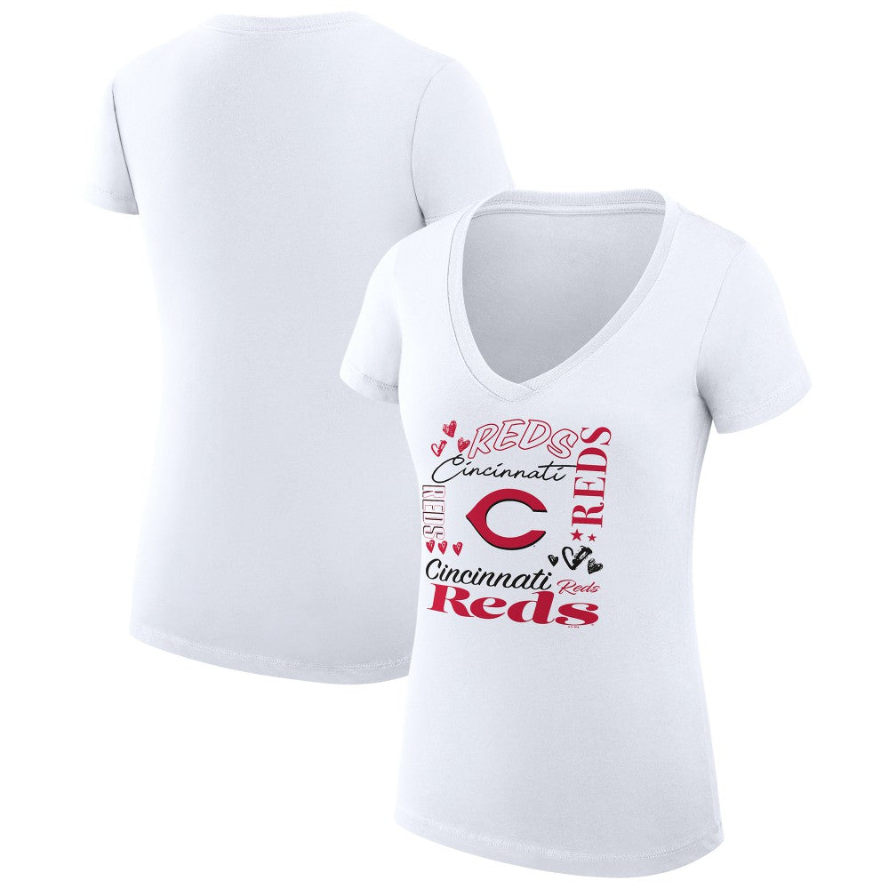 Cincinnati Reds G-III 4Her by Carl Banks Women's Super-Slim Fit Lightweight Collage Team Graphic V-Neck T-Shirt - White - MLB Sale