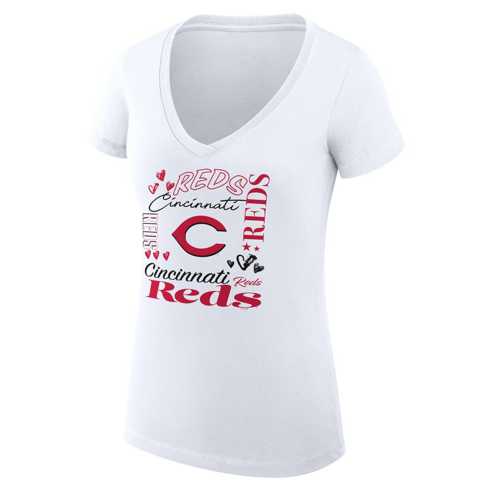 Cincinnati Reds G-III 4Her by Carl Banks Women's Super-Slim Fit Lightweight Collage Team Graphic V-Neck T-Shirt - White - MLB Sale