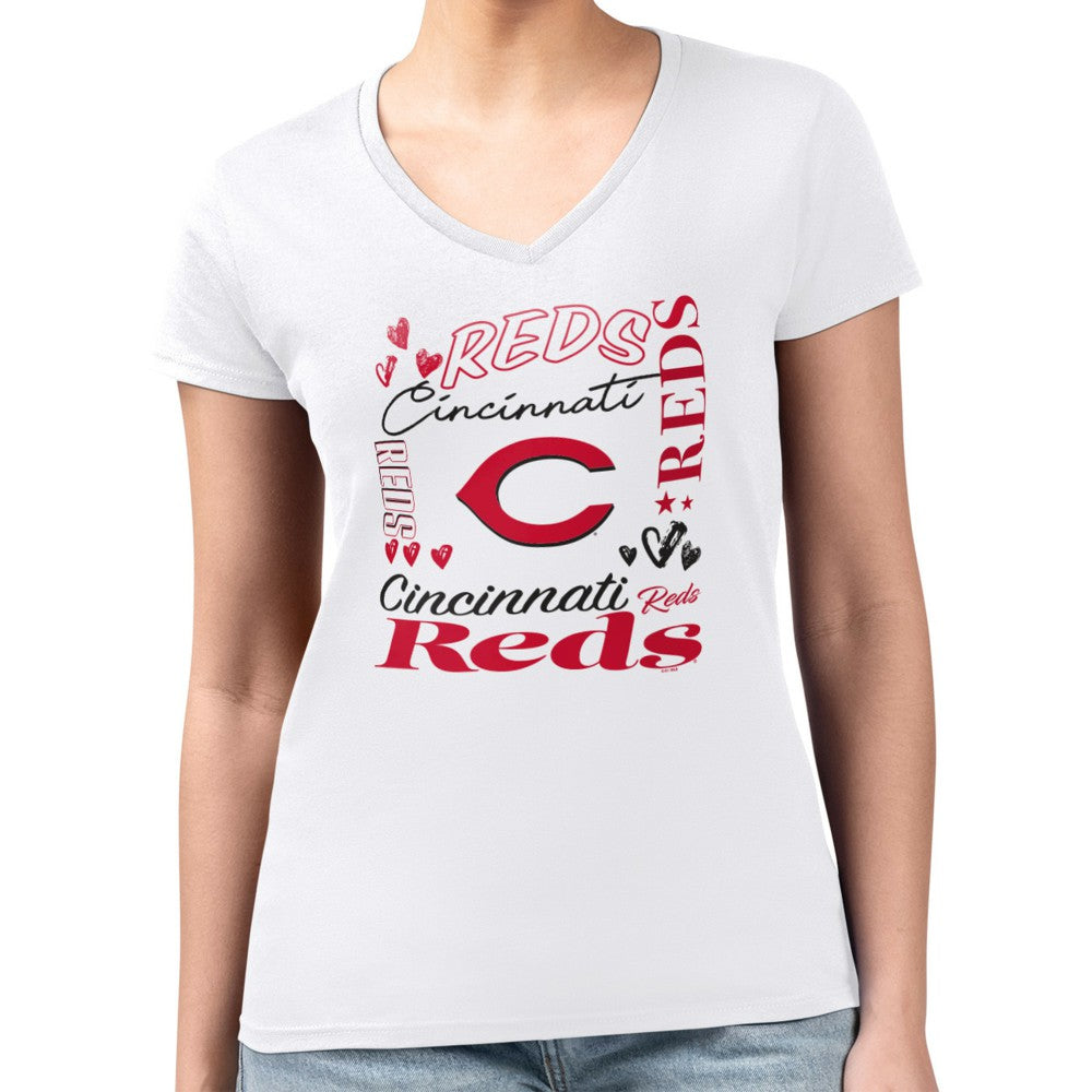 Cincinnati Reds G-III 4Her by Carl Banks Women's Super-Slim Fit Lightweight Collage Team Graphic V-Neck T-Shirt - White - MLB Sale