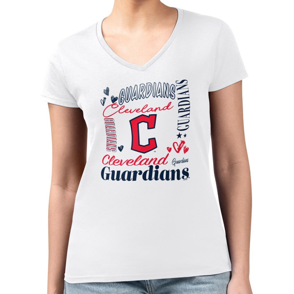 Cleveland Guardians G-III 4Her by Carl Banks Women's Super-Slim Fit Lightweight Collage Team Graphic V-Neck T-Shirt - White - MLB Discount