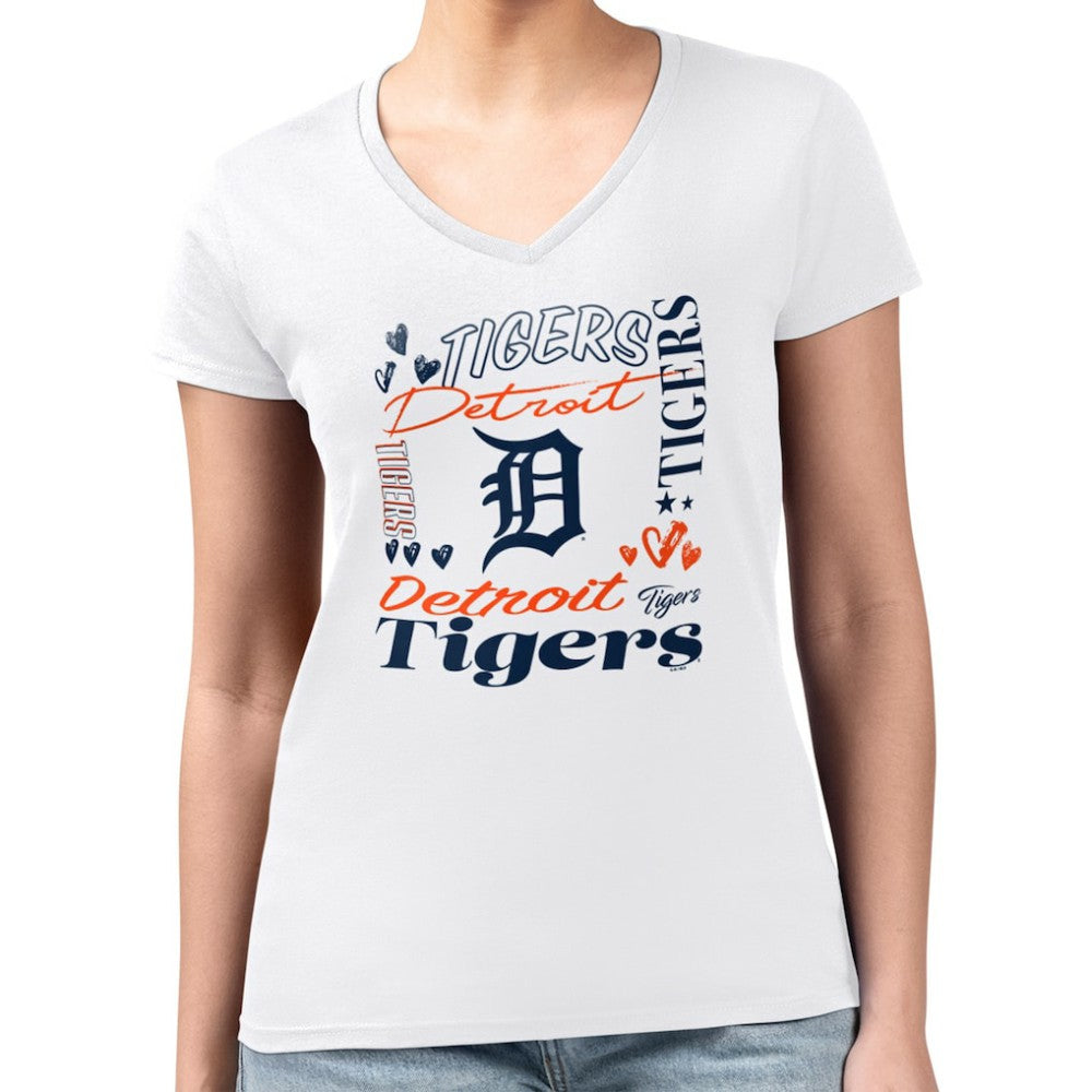 Detroit Tigers G-III 4Her by Carl Banks Women's Super-Slim Fit Lightweight Collage Team Graphic V-Neck T-Shirt - White - MLB Discount