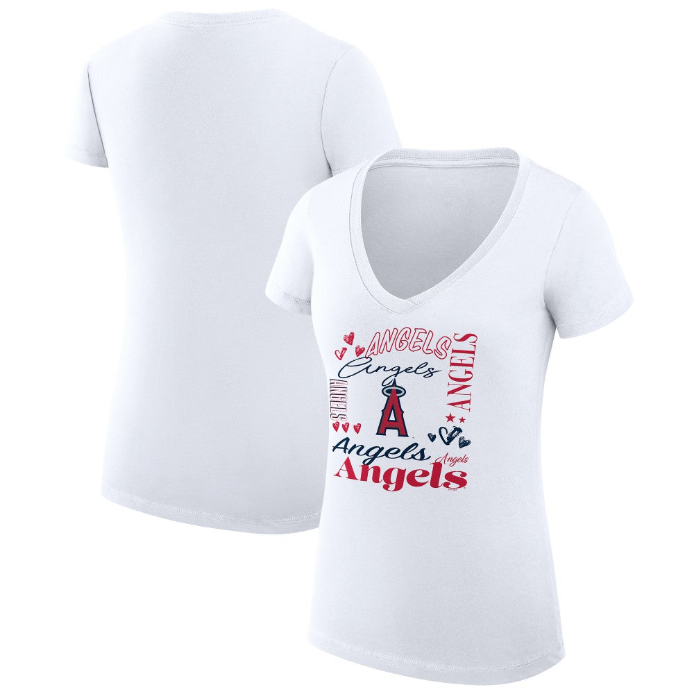 Los Angeles Angels G-III 4Her by Carl Banks Women's Super-Slim Fit Lightweight Collage Team Graphic V-Neck T-Shirt - White - MLB Sale