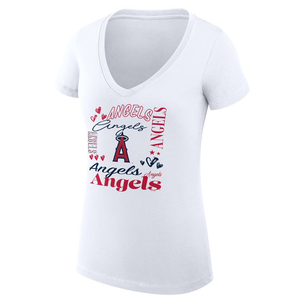 Los Angeles Angels G-III 4Her by Carl Banks Women's Super-Slim Fit Lightweight Collage Team Graphic V-Neck T-Shirt - White - MLB Sale