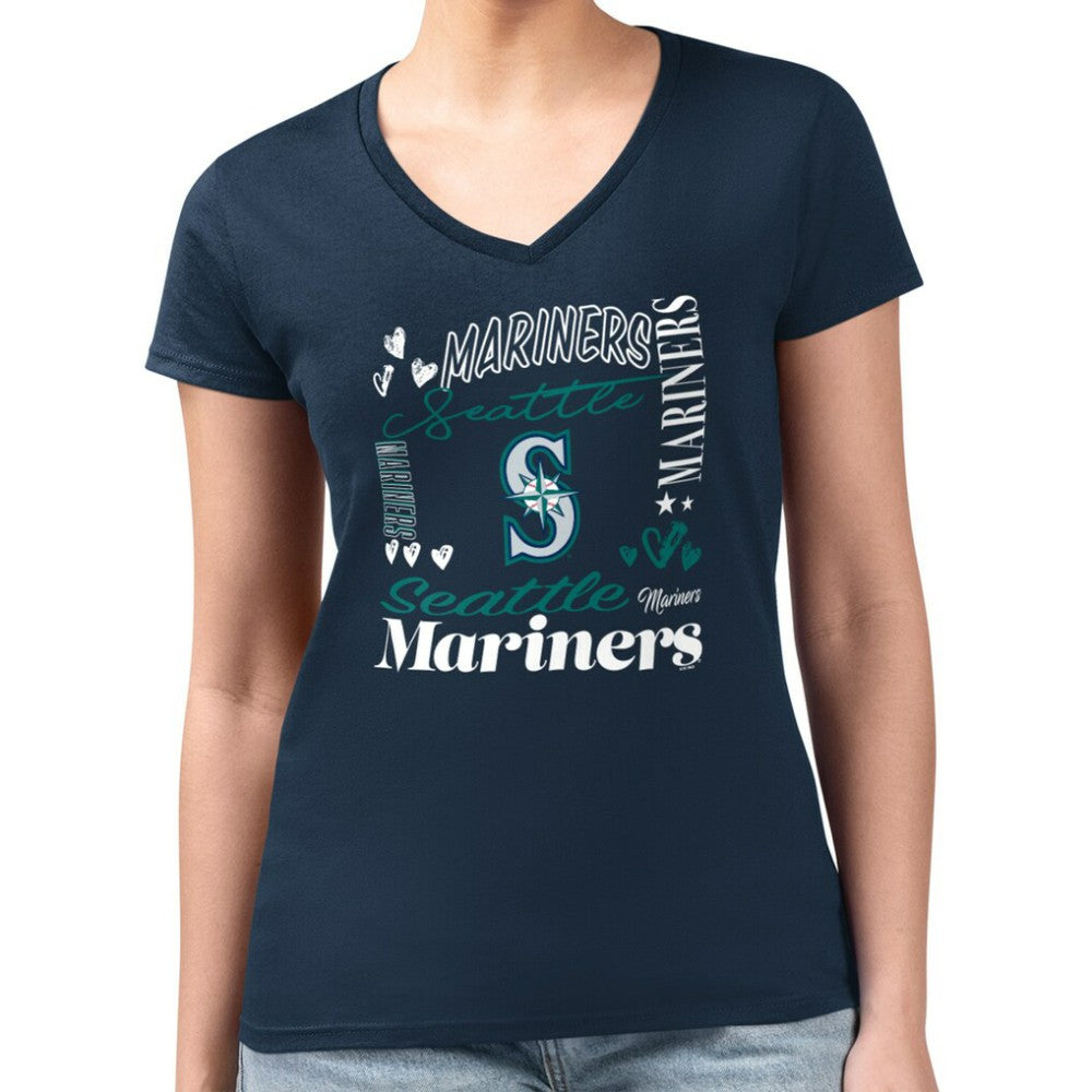 Seattle Mariners G-III 4Her by Carl Banks Women's Super-Slim Fit Lightweight Collage Team Graphic V-Neck T-Shirt - Navy - MLB Online