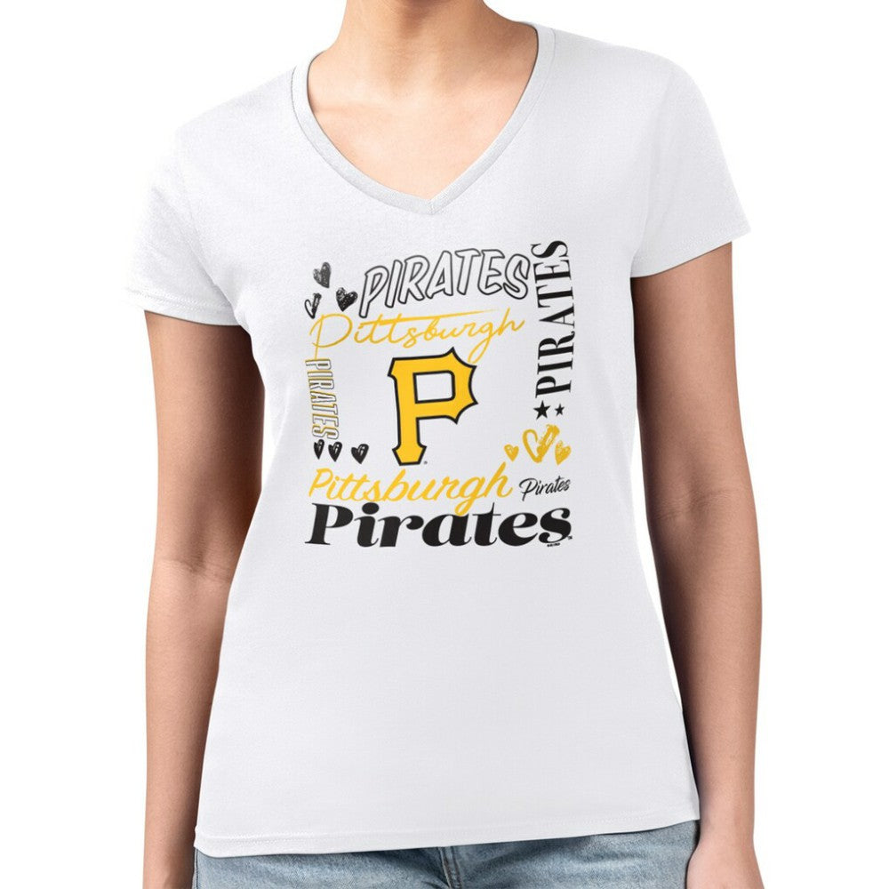 Pittsburgh Pirates G-III 4Her by Carl Banks Women's Super-Slim Fit Lightweight Collage Team Graphic V-Neck T-Shirt - White - MLB Discount