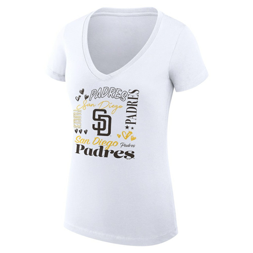 San Diego Padres G-III 4Her by Carl Banks Women's Super-Slim Fit Lightweight Collage Team Graphic V-Neck T-Shirt - White - MLB Discount