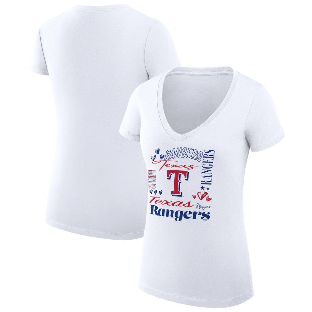 Texas Rangers G-III 4Her by Carl Banks Women's Super-Slim Fit Lightweight Collage Team Graphic V-Neck T-Shirt - White - MLB Lifestyle