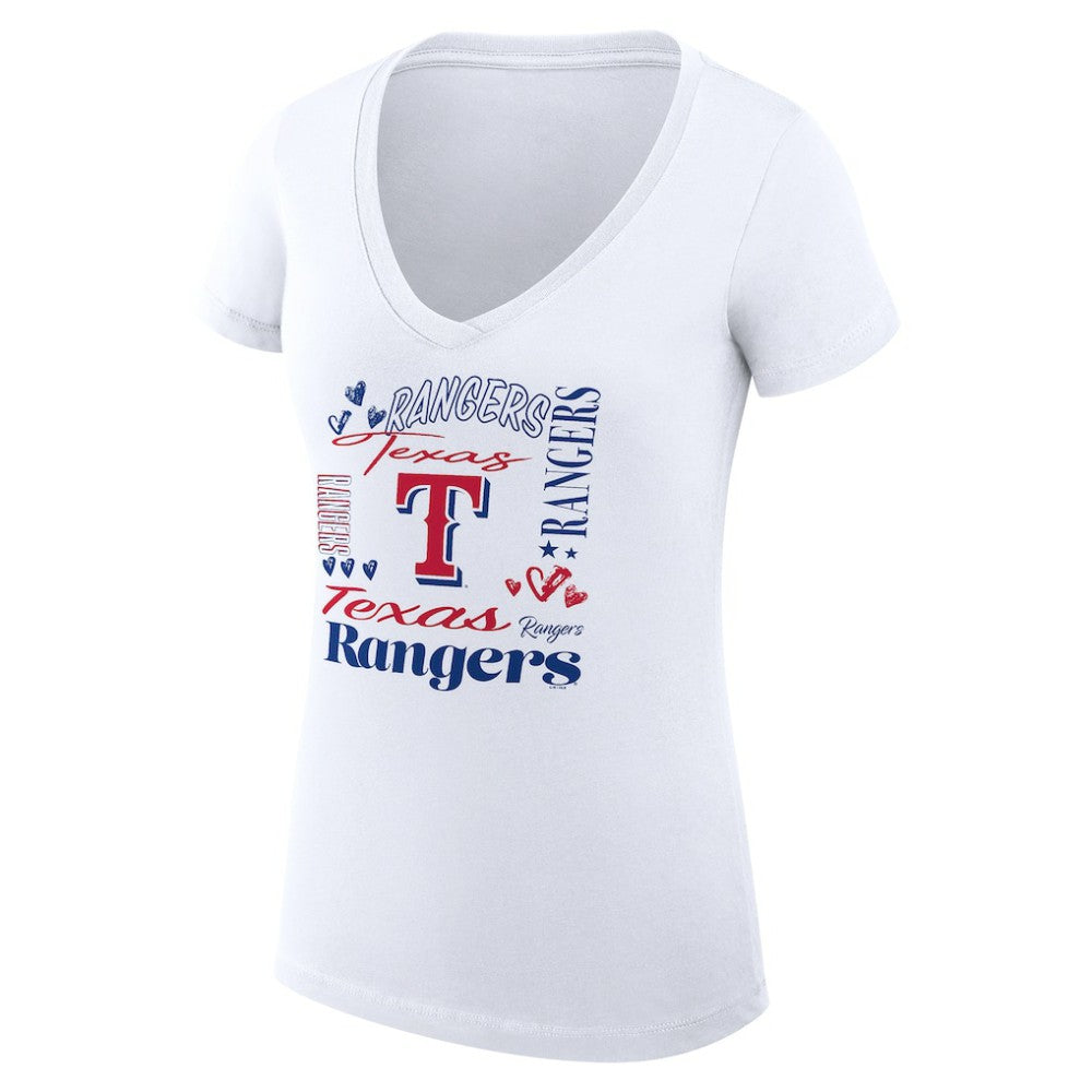 Texas Rangers G-III 4Her by Carl Banks Women's Super-Slim Fit Lightweight Collage Team Graphic V-Neck T-Shirt - White - MLB Lifestyle
