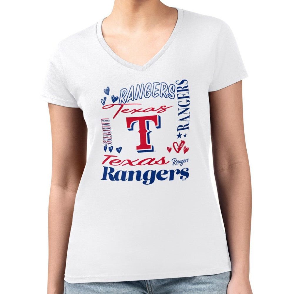 Texas Rangers G-III 4Her by Carl Banks Women's Super-Slim Fit Lightweight Collage Team Graphic V-Neck T-Shirt - White - MLB Lifestyle