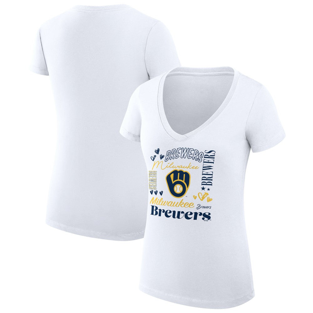 Milwaukee Brewers G-III 4Her by Carl Banks Women's Super-Slim Fit Lightweight Collage Team Graphic V-Neck T-Shirt - White - MLB Sale