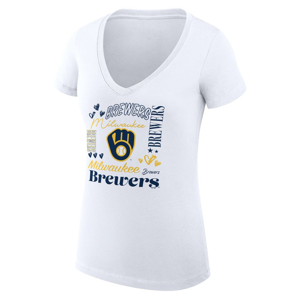 Milwaukee Brewers G-III 4Her by Carl Banks Women's Super-Slim Fit Lightweight Collage Team Graphic V-Neck T-Shirt - White - MLB Sale