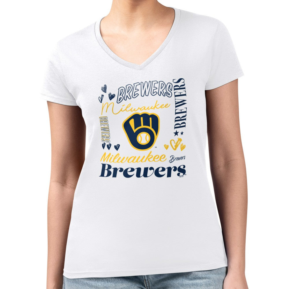 Milwaukee Brewers G-III 4Her by Carl Banks Women's Super-Slim Fit Lightweight Collage Team Graphic V-Neck T-Shirt - White - MLB Sale