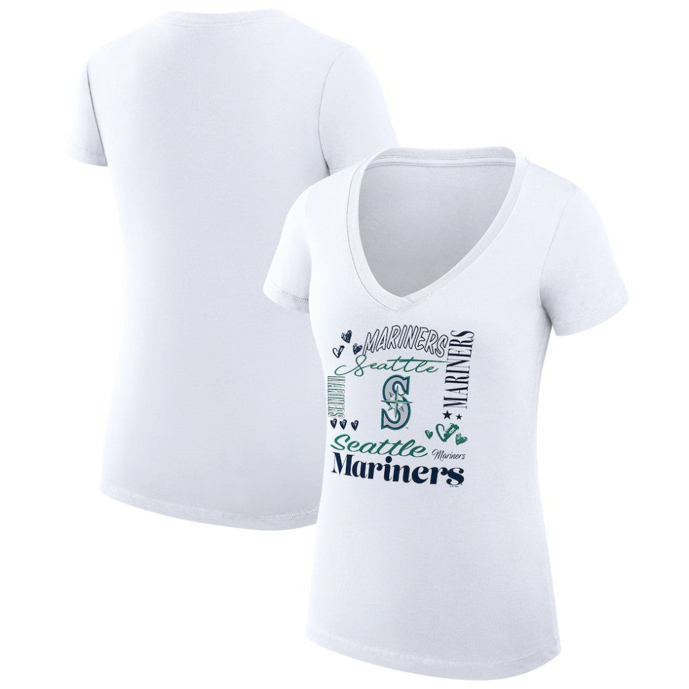 Seattle Mariners G-III 4Her by Carl Banks Women's Super-Slim Fit Lightweight Collage Team Graphic V-Neck T-Shirt - White - MLB Sale