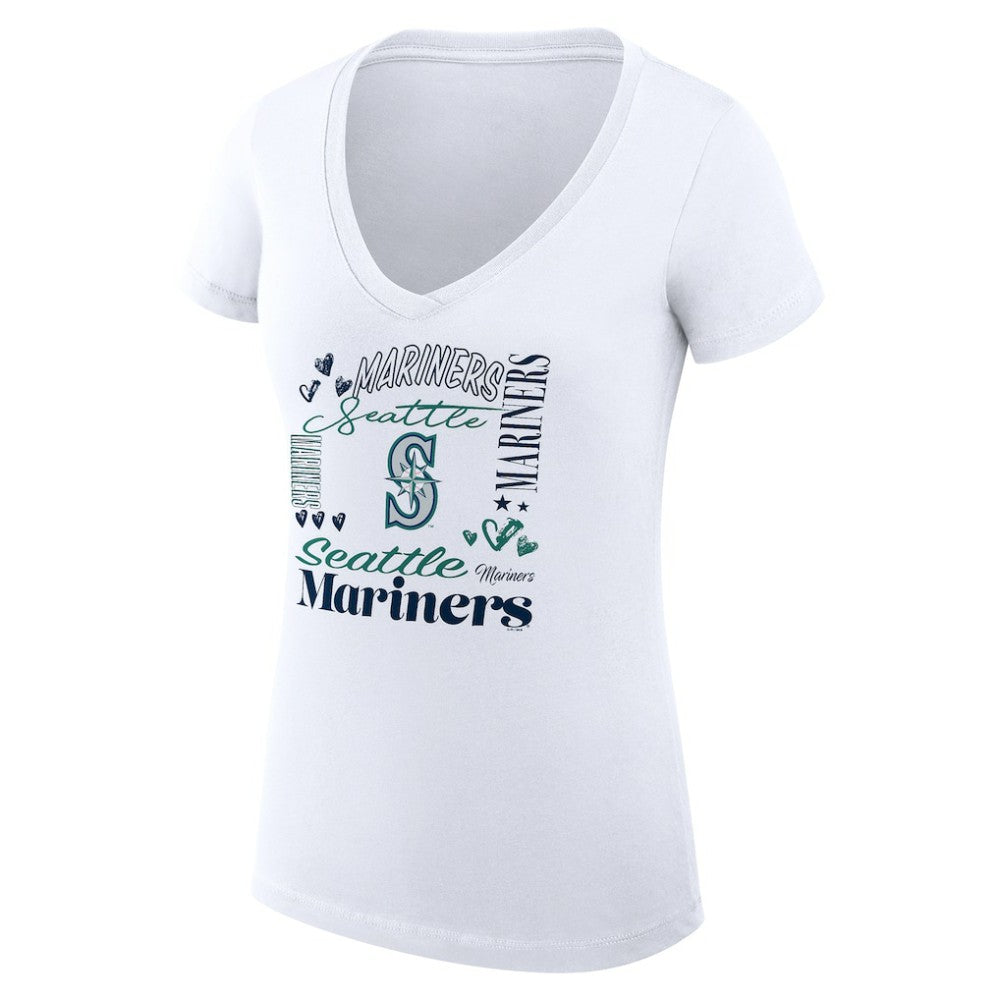 Seattle Mariners G-III 4Her by Carl Banks Women's Super-Slim Fit Lightweight Collage Team Graphic V-Neck T-Shirt - White - MLB Sale