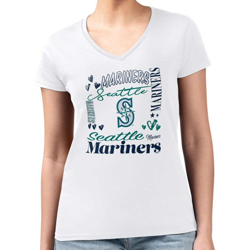 Seattle Mariners G-III 4Her by Carl Banks Women's Super-Slim Fit Lightweight Collage Team Graphic V-Neck T-Shirt - White - MLB Sale