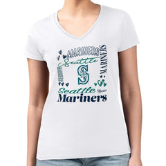 Seattle Mariners G-III 4Her by Carl Banks Women's Super-Slim Fit Lightweight Collage Team Graphic V-Neck T-Shirt - White - MLB Sale
