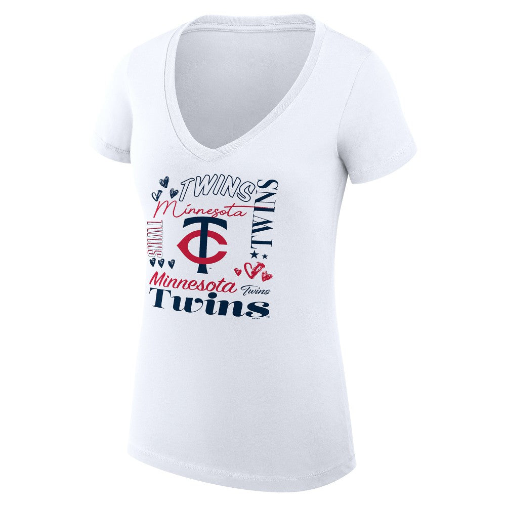 Minnesota Twins G-III 4Her by Carl Banks Women's Super-Slim Fit Lightweight Collage Team Graphic V-Neck T-Shirt - White - MLB Sale