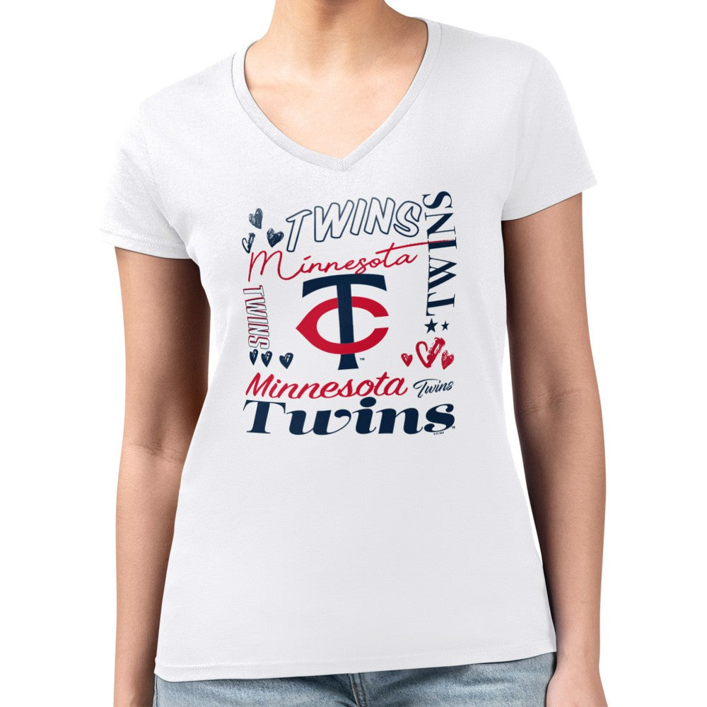 Minnesota Twins G-III 4Her by Carl Banks Women's Super-Slim Fit Lightweight Collage Team Graphic V-Neck T-Shirt - White - MLB Sale