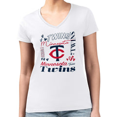 Minnesota Twins G-III 4Her by Carl Banks Women's Super-Slim Fit Lightweight Collage Team Graphic V-Neck T-Shirt - White - MLB Sale