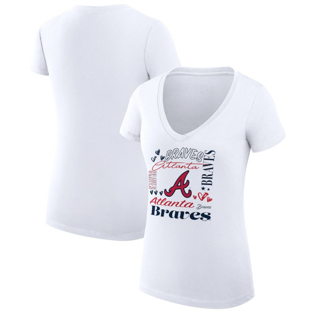 Atlanta Braves G-III 4Her by Carl Banks Women's Super-Slim Fit Lightweight Collage Team Graphic V-Neck T-Shirt - White - MLB Lifestyle