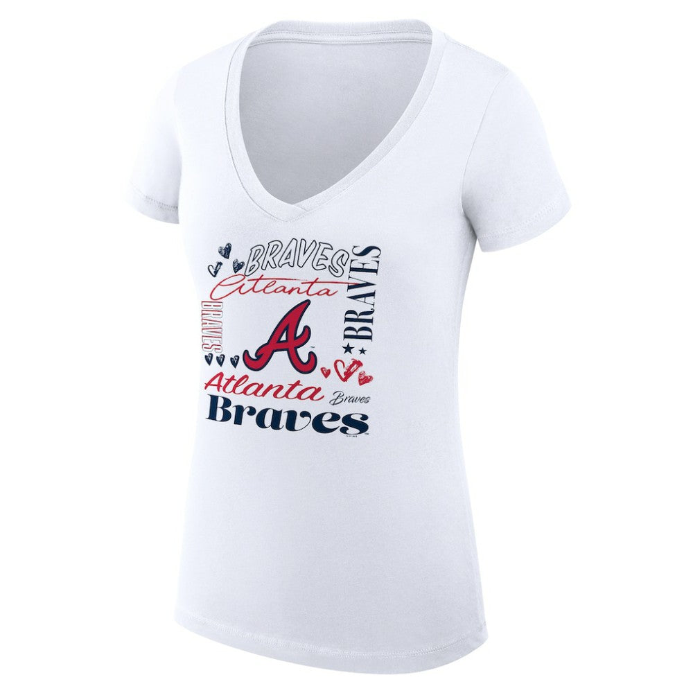Atlanta Braves G-III 4Her by Carl Banks Women's Super-Slim Fit Lightweight Collage Team Graphic V-Neck T-Shirt - White - MLB Lifestyle