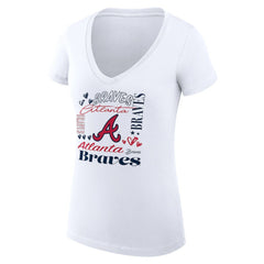 Atlanta Braves G-III 4Her by Carl Banks Women's Super-Slim Fit Lightweight Collage Team Graphic V-Neck T-Shirt - White - MLB Lifestyle