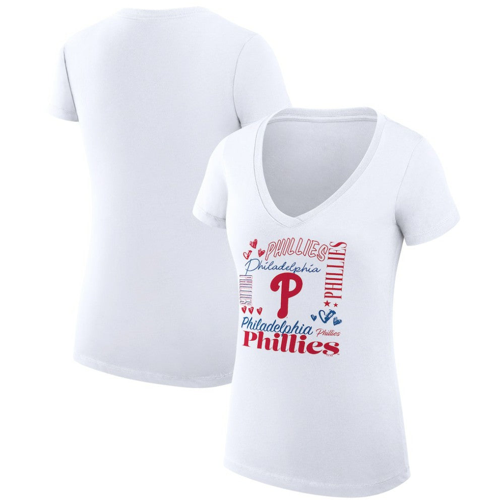 Philadelphia Phillies G-III 4Her by Carl Banks Women's Super-Slim Fit Lightweight Collage Team Graphic V-Neck T-Shirt - White - MLB Sale
