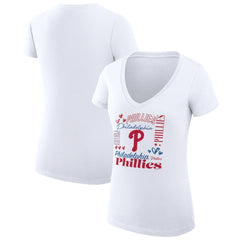 Philadelphia Phillies G-III 4Her by Carl Banks Women's Super-Slim Fit Lightweight Collage Team Graphic V-Neck T-Shirt - White - MLB Sale