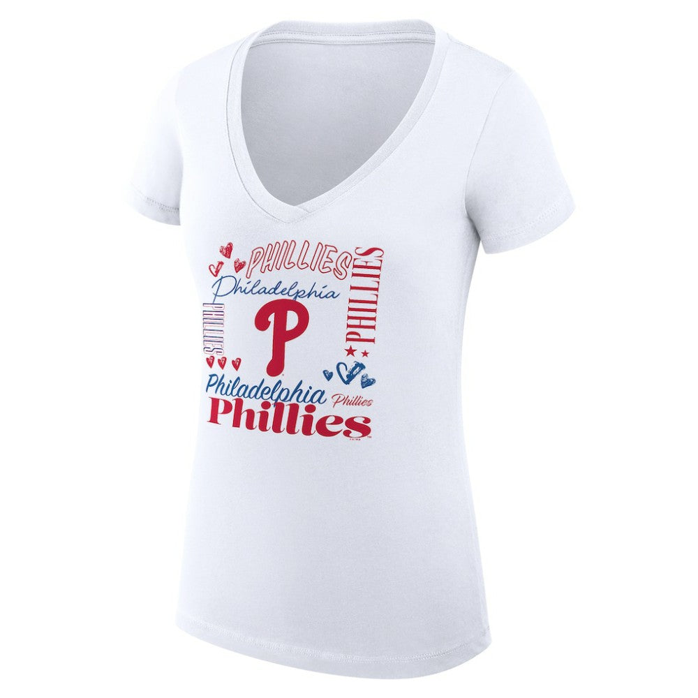 Philadelphia Phillies G-III 4Her by Carl Banks Women's Super-Slim Fit Lightweight Collage Team Graphic V-Neck T-Shirt - White - MLB Sale