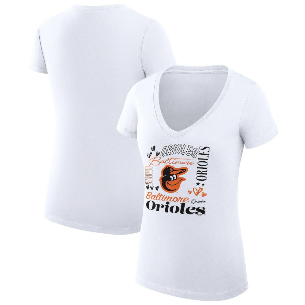 Baltimore Orioles G-III 4Her by Carl Banks Women's Super-Slim Fit Lightweight Collage Team Graphic V-Neck T-Shirt - White - MLB Lifestyle