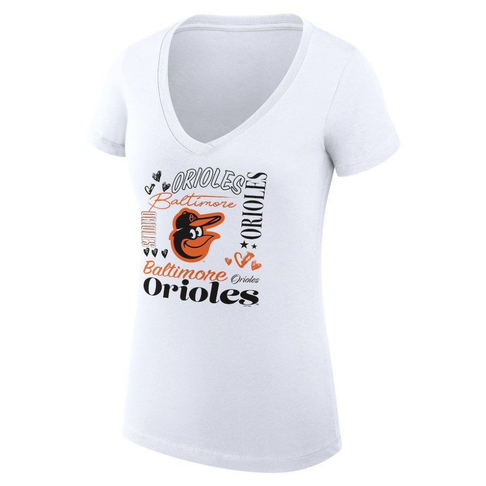 Baltimore Orioles G-III 4Her by Carl Banks Women's Super-Slim Fit Lightweight Collage Team Graphic V-Neck T-Shirt - White - MLB Lifestyle
