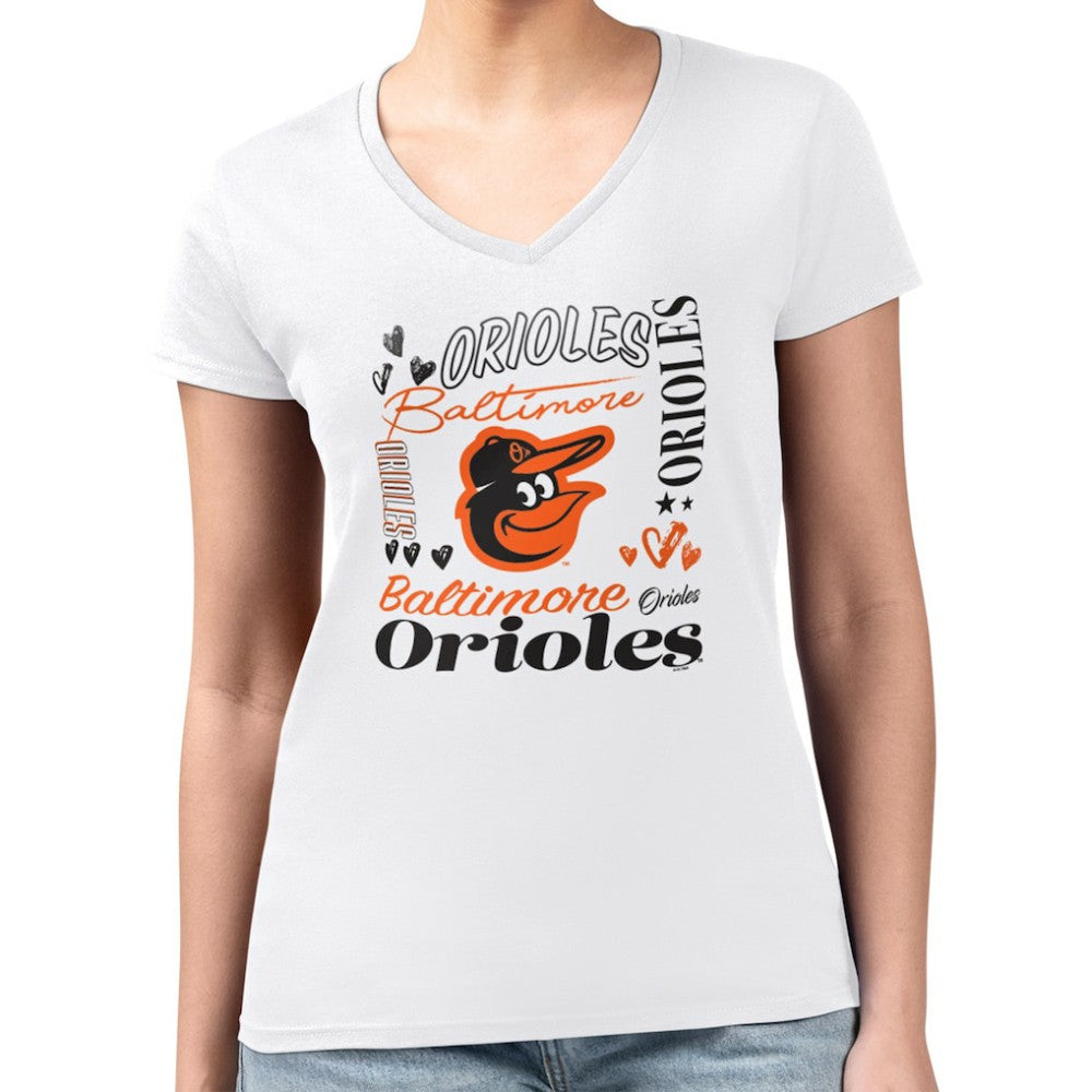 Baltimore Orioles G-III 4Her by Carl Banks Women's Super-Slim Fit Lightweight Collage Team Graphic V-Neck T-Shirt - White - MLB Lifestyle