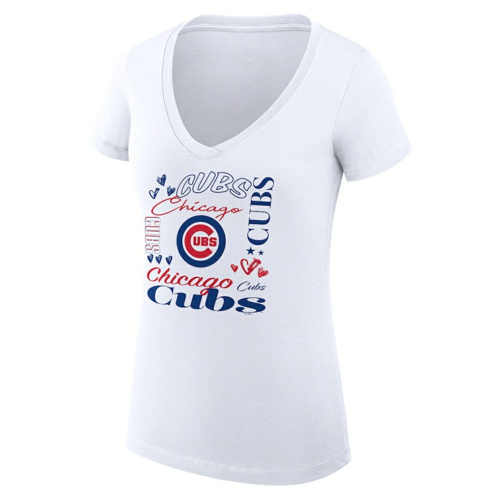 Chicago Cubs G-III 4Her by Carl Banks Women's Super-Slim Fit Lightweight Collage Team Graphic V-Neck T-Shirt - White - MLB Lifestyle