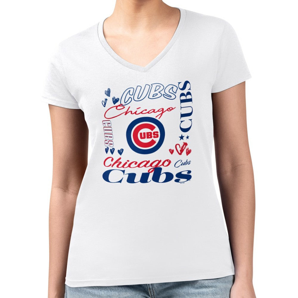 Chicago Cubs G-III 4Her by Carl Banks Women's Super-Slim Fit Lightweight Collage Team Graphic V-Neck T-Shirt - White - MLB Lifestyle