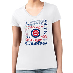 Chicago Cubs G-III 4Her by Carl Banks Women's Super-Slim Fit Lightweight Collage Team Graphic V-Neck T-Shirt - White - MLB Lifestyle