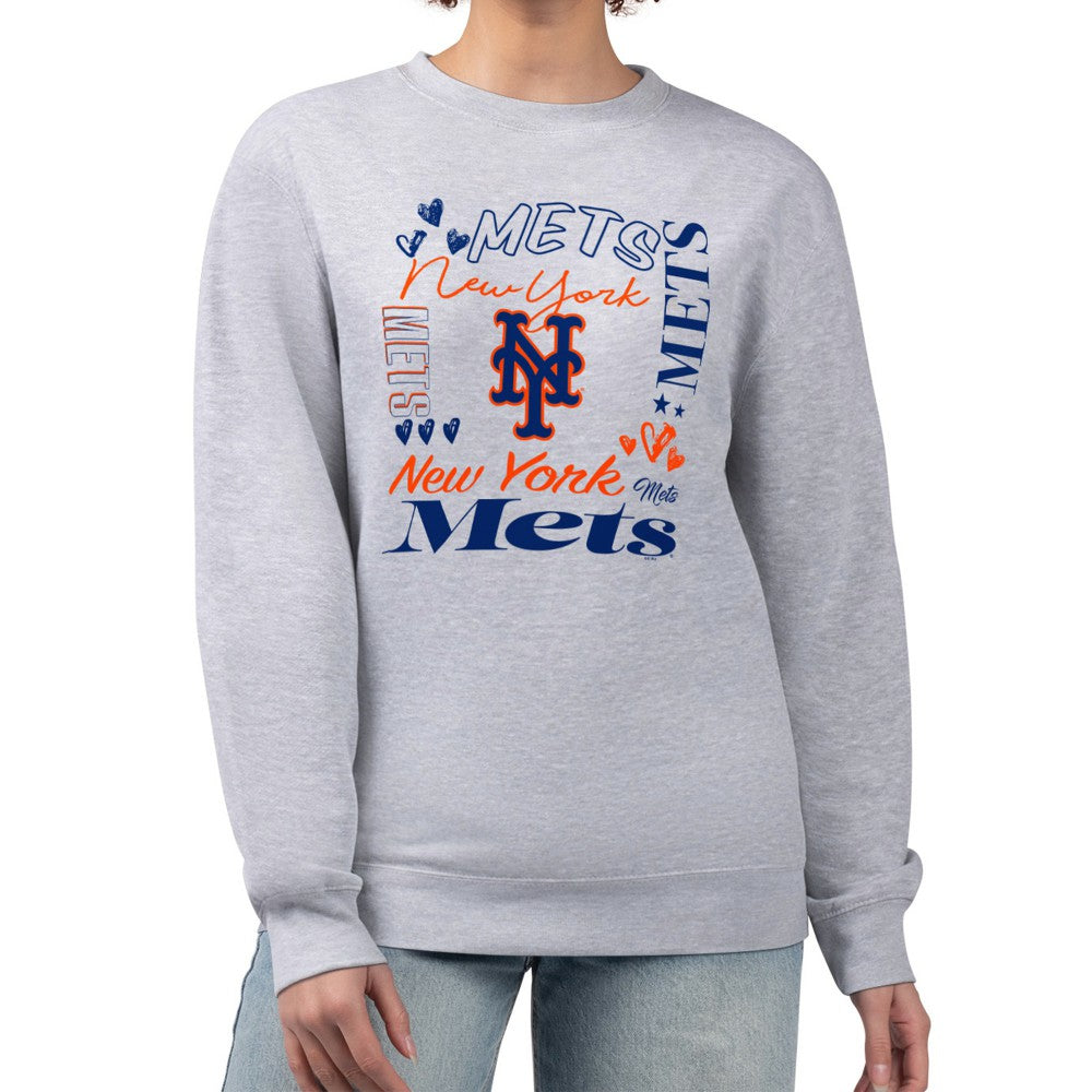 New York Mets G-III 4Her by Carl Banks Women's Collage Team Graphic Fleece Pullover Hoodie - Heather Gray - MLB Lifestyle