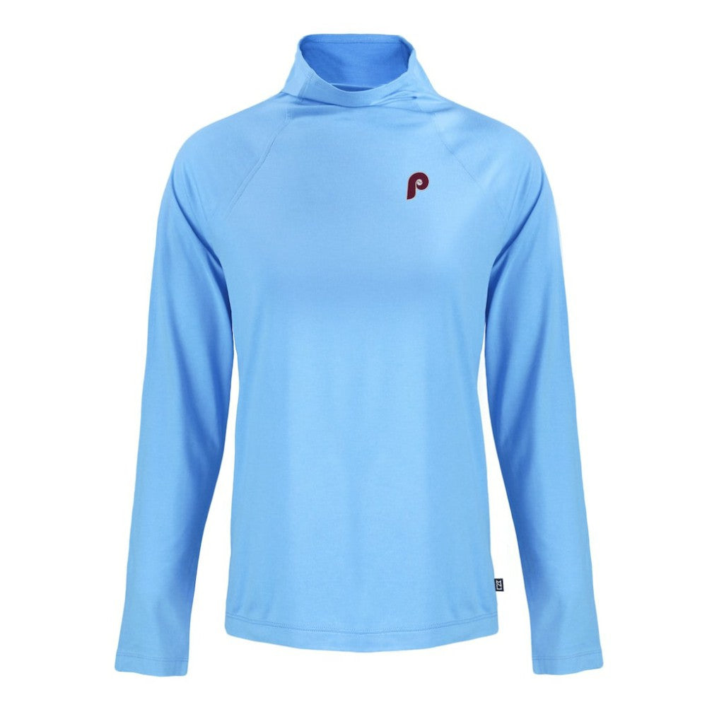 Philadelphia Phillies Cutter & Buck Women's Cooperstown Collection Coastline Epic Comfort Eco Recycled Funnel Neck Raglan Pullover Top - Powder Blue - MLB Online